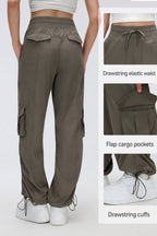 Drawstring waist, flap pockets, cinch cuffs