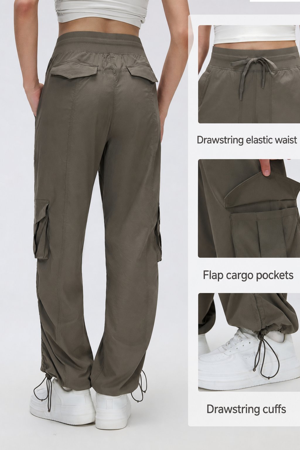 Drawstring waist, flap pockets, cinch cuffs
