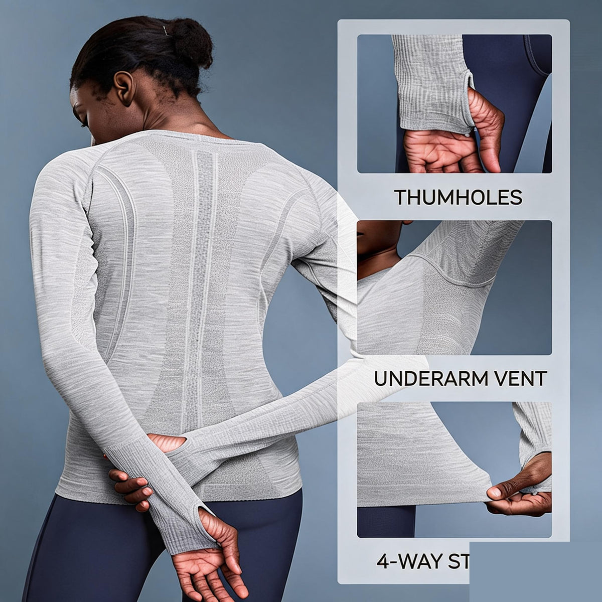 Seamless long-sleeve yoga top — thumbholes, underarm vent, 4-way stretch